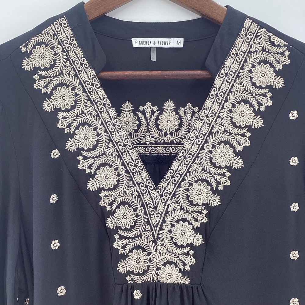 Woman’s Black Blouse with Gold Embroidery 3/4 Sleeves - Picture 6 of 13